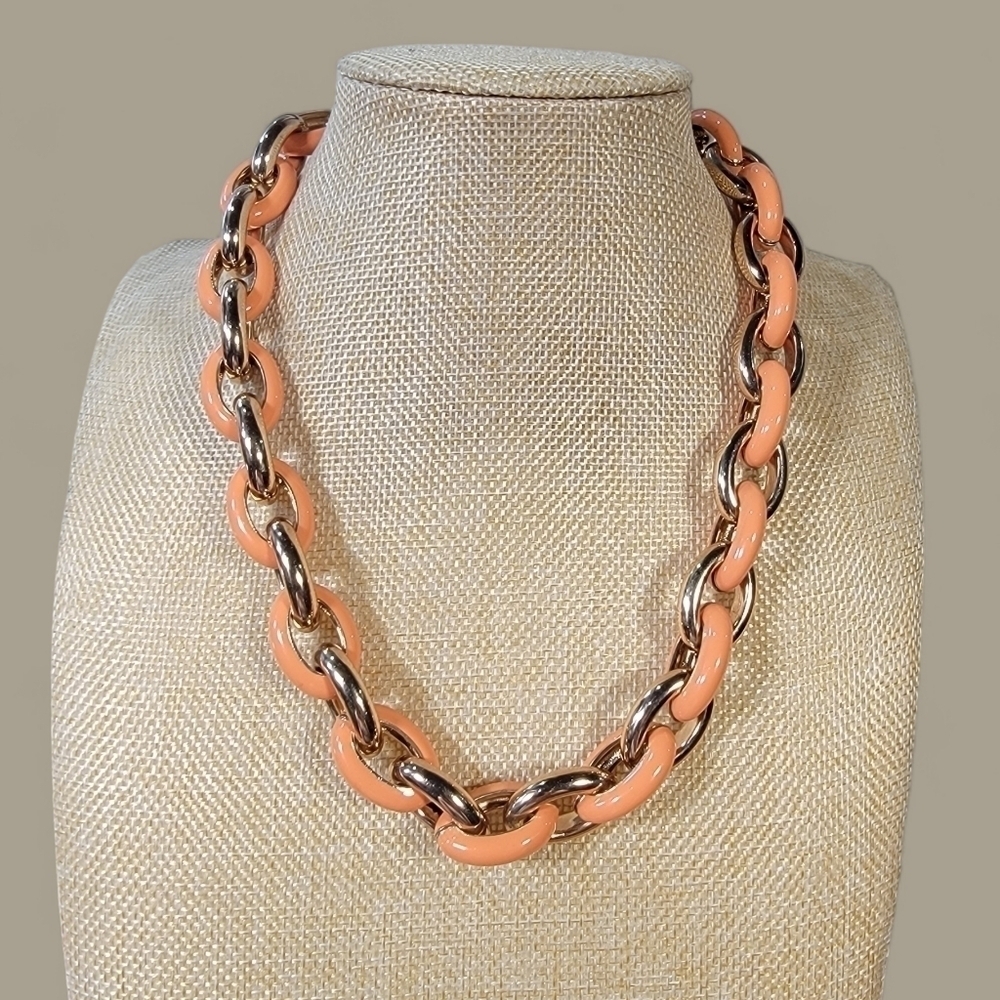 Coldwater Creek Vintage Chunky Enamel Link Necklace - Peach/Coral & Gold